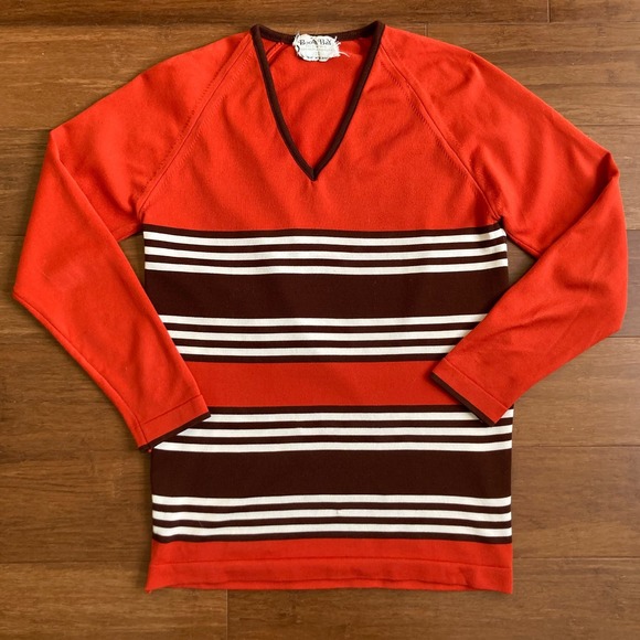 Vintage 70s Orange Brown Striped V Neck Shirt // Size Small - Picture 1 of 7